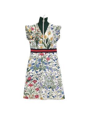Gucci White Flower Print Frill Sleeve Jersey Dress XS